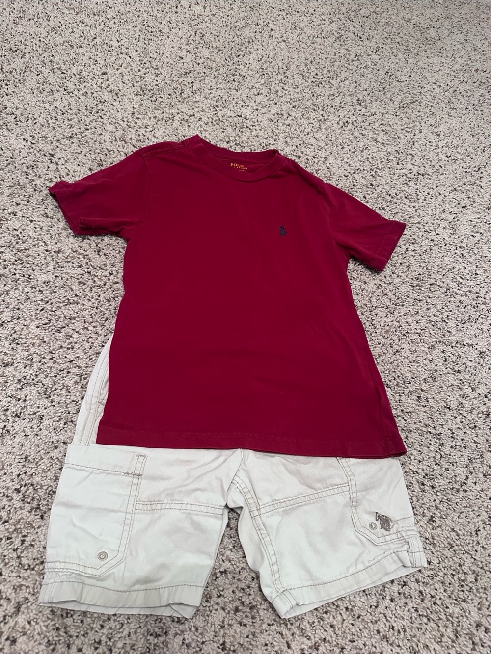Polo by Ralph Lauren Red Tee with Cream Cargo Shorts Kids Matching Set
